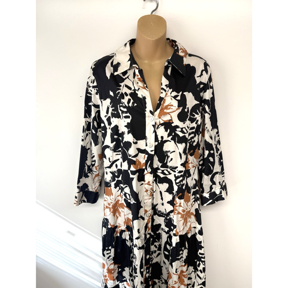 Soft Surroundings Sz 14 Moonglow Midi Dress Button Down Tiered Fall Black Brown - Picture 2 of 15